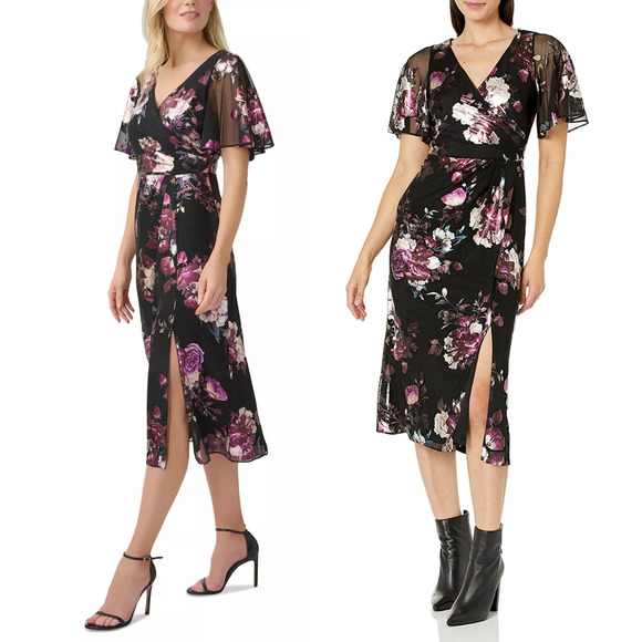 Adrianna Papell Foil Floral Stretch Mesh Flutter Sleeve Front Slit Midi Dress 6 - Picture 1 of 2